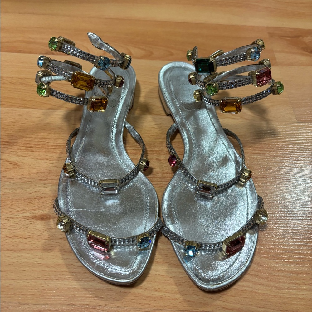 Elegant Silver Rene Coavilla Sandals with Multicolor Gems